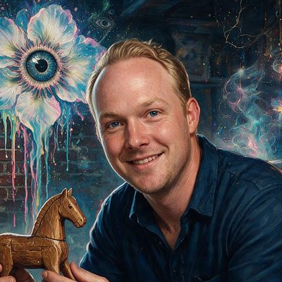 Marty Bent, portrait painted by MLow: Trojan Horse in the West Village