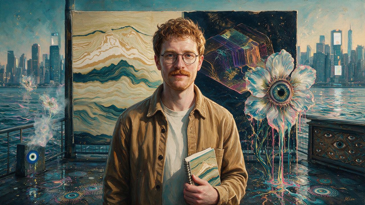 Matt DesLauriers, portrait painted by MLow: Layers on the Pier