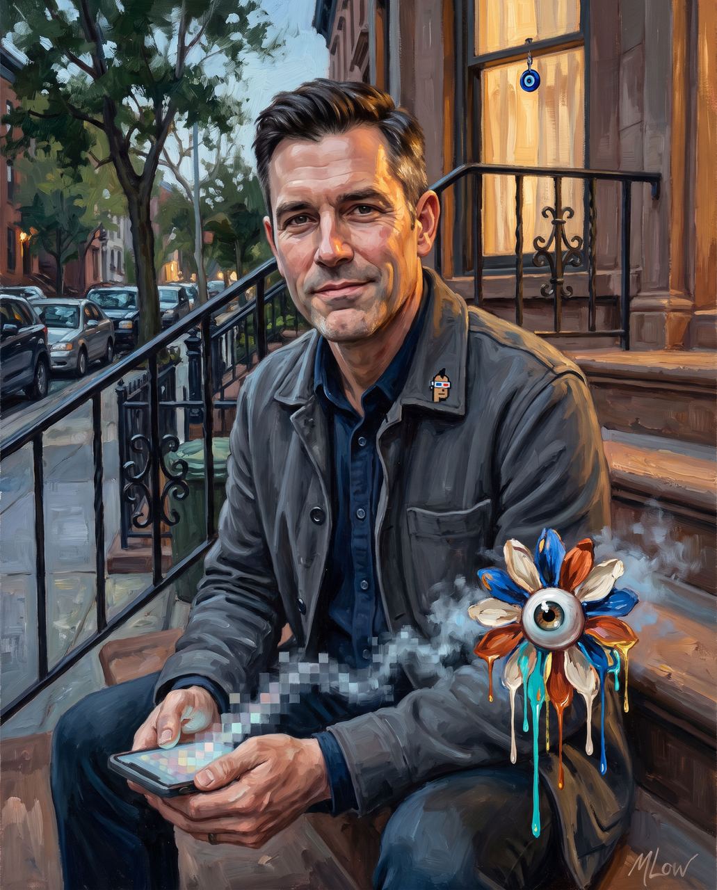 Matt Hall, portrait painted by MLow: The Neighbor on the Stoop