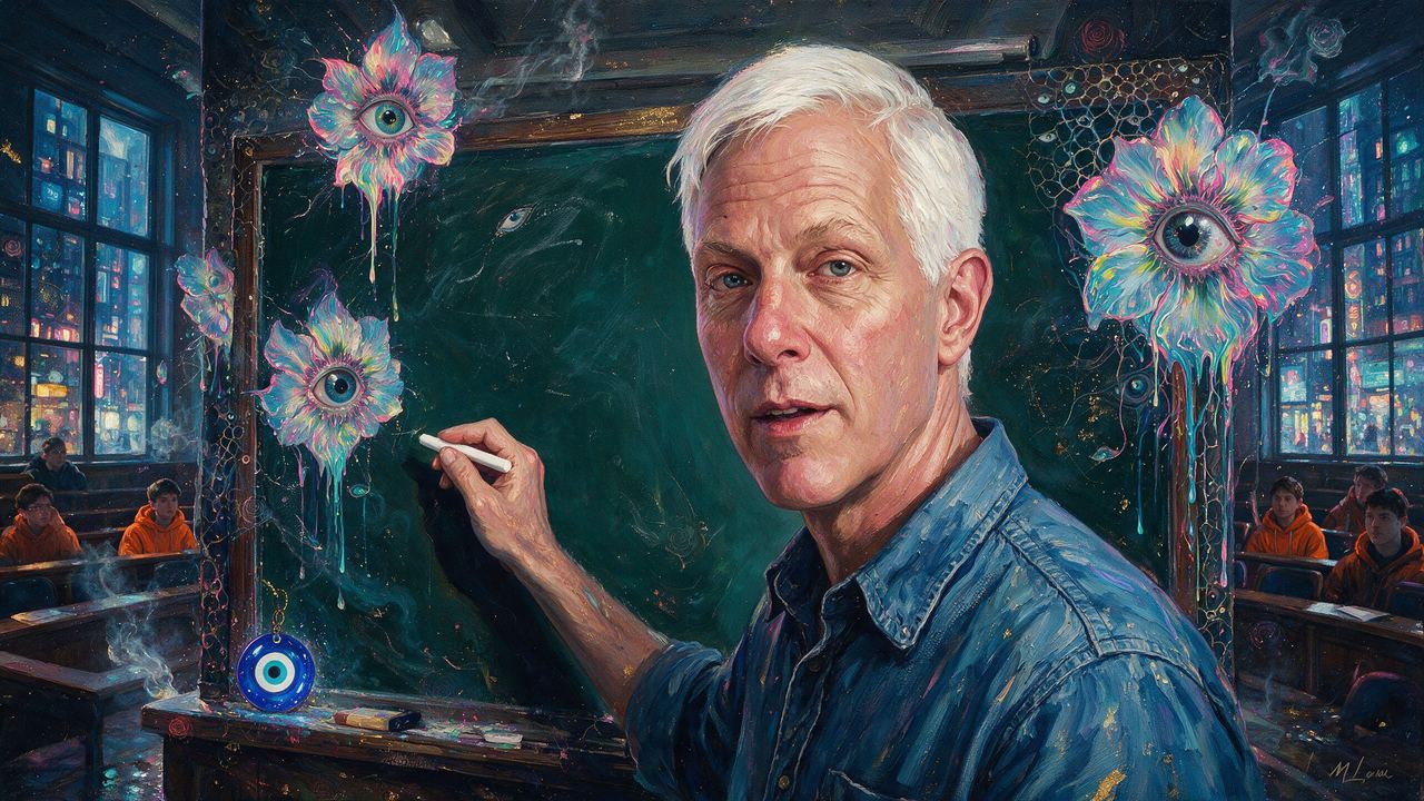 Matthew Kratter, portrait painted by MLow: Chalk Talk at Columbia