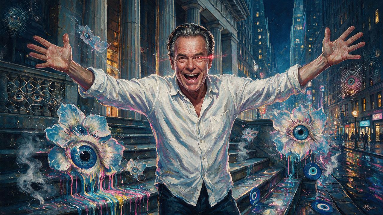 Max Keiser, portrait painted by MLow: Arms Wide at Federal Hall