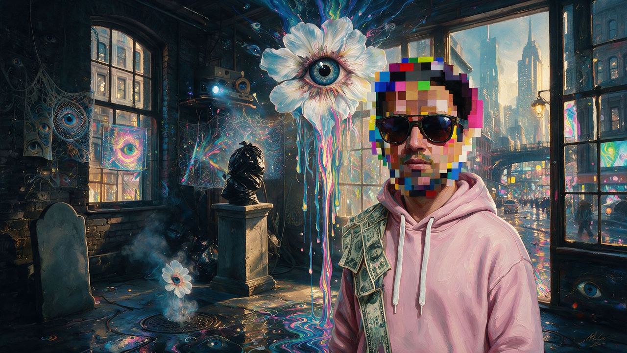 Max Osiris, portrait painted by MLow: Pixel Face, Pink Hoodie
