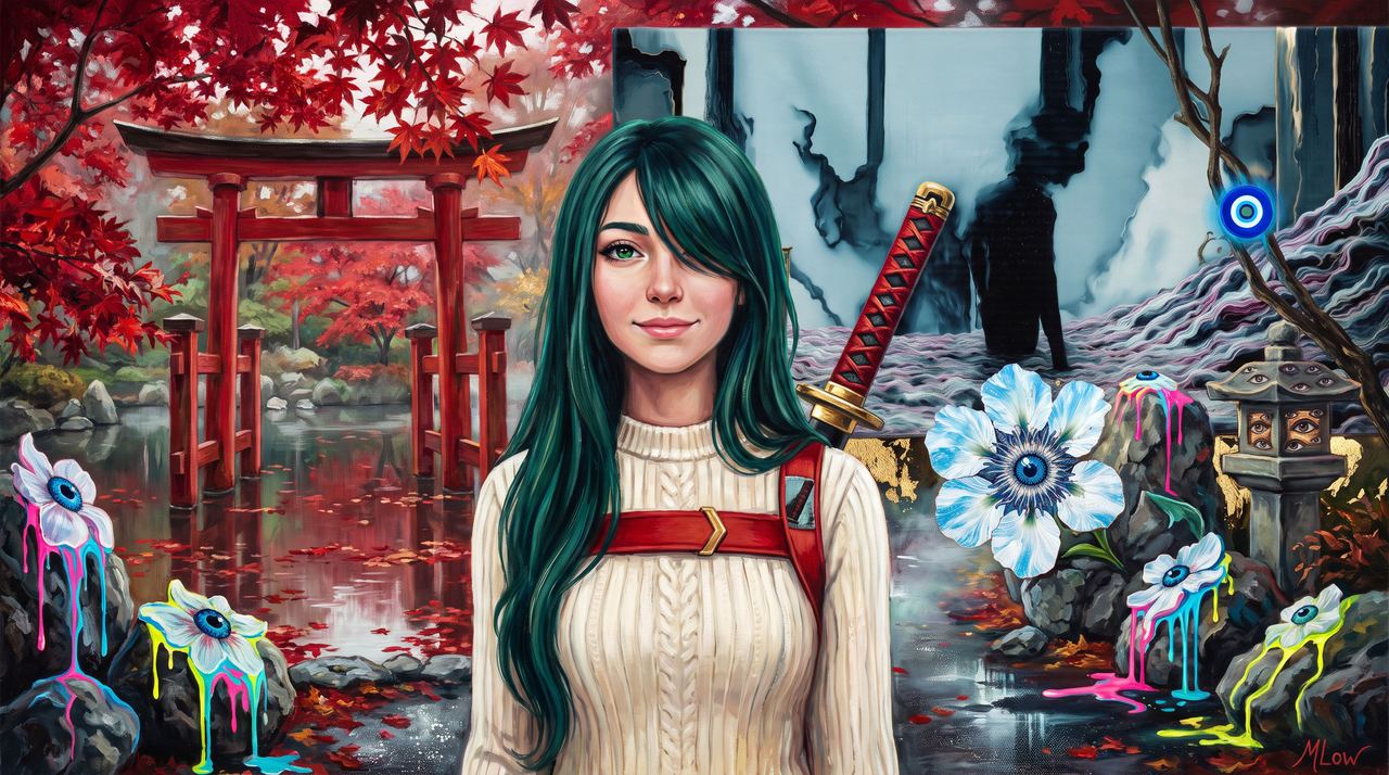 Max pretends, portrait painted by MLow: The Blade at the Torii