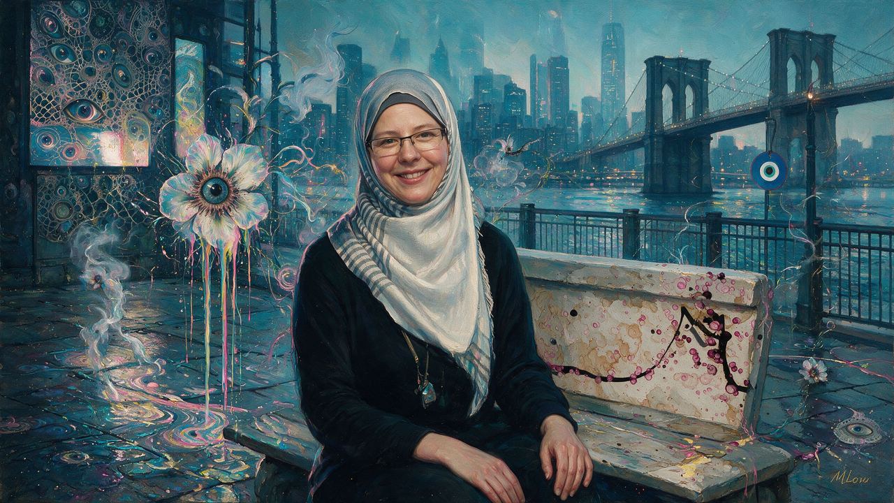 Melissa Wiederrecht, portrait painted by MLow: Bench on the Promenade