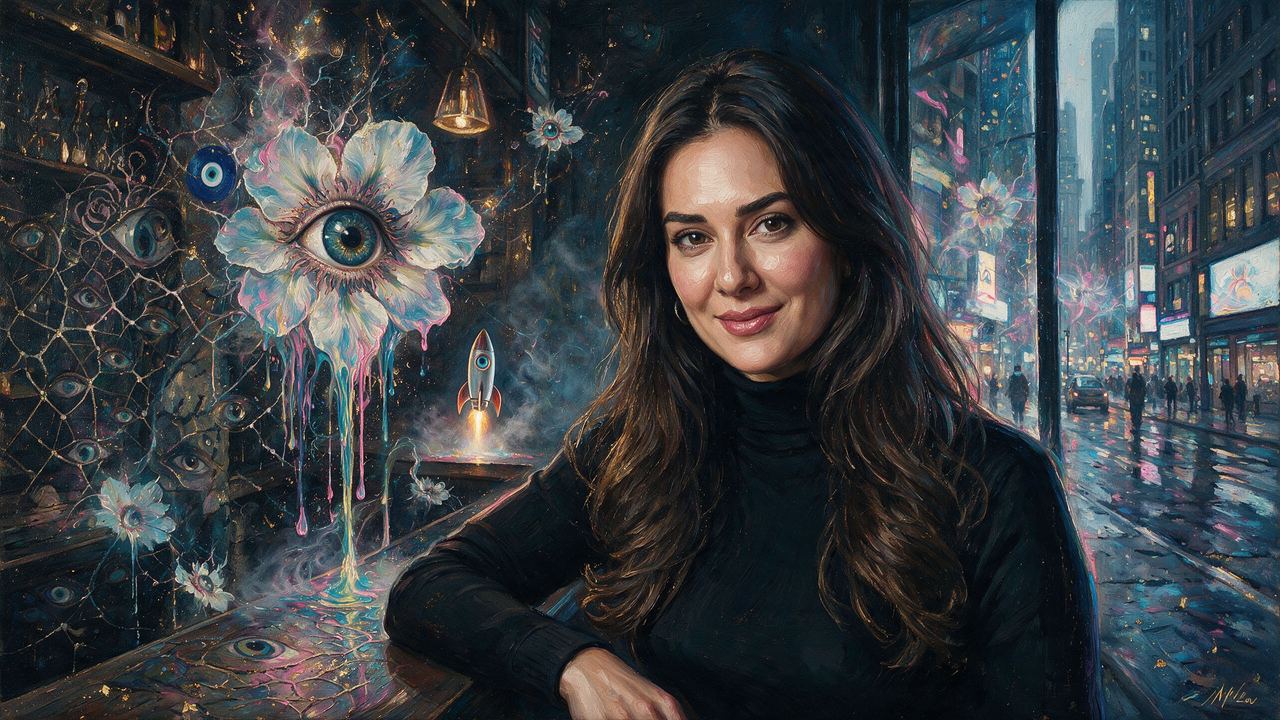 Meltem Demirors, portrait painted by MLow: Small Rocket at the Bar