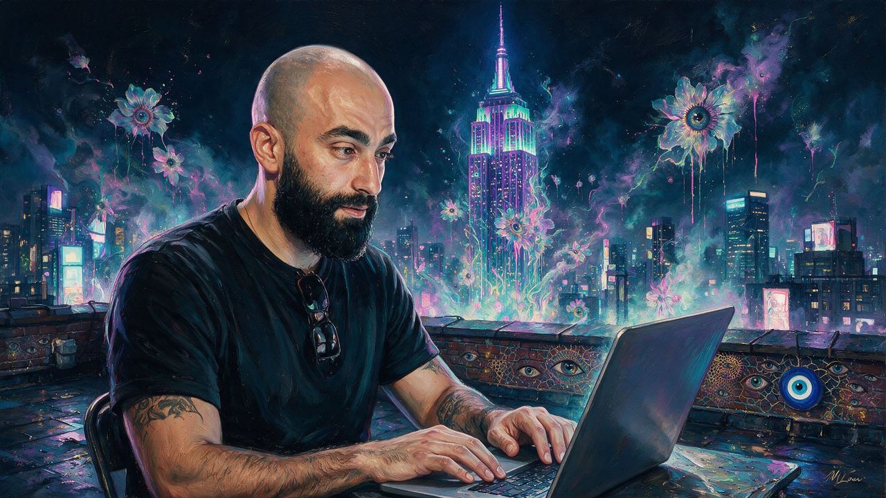Mert Mumtaz, portrait painted by MLow: Night Shift Above Midtown