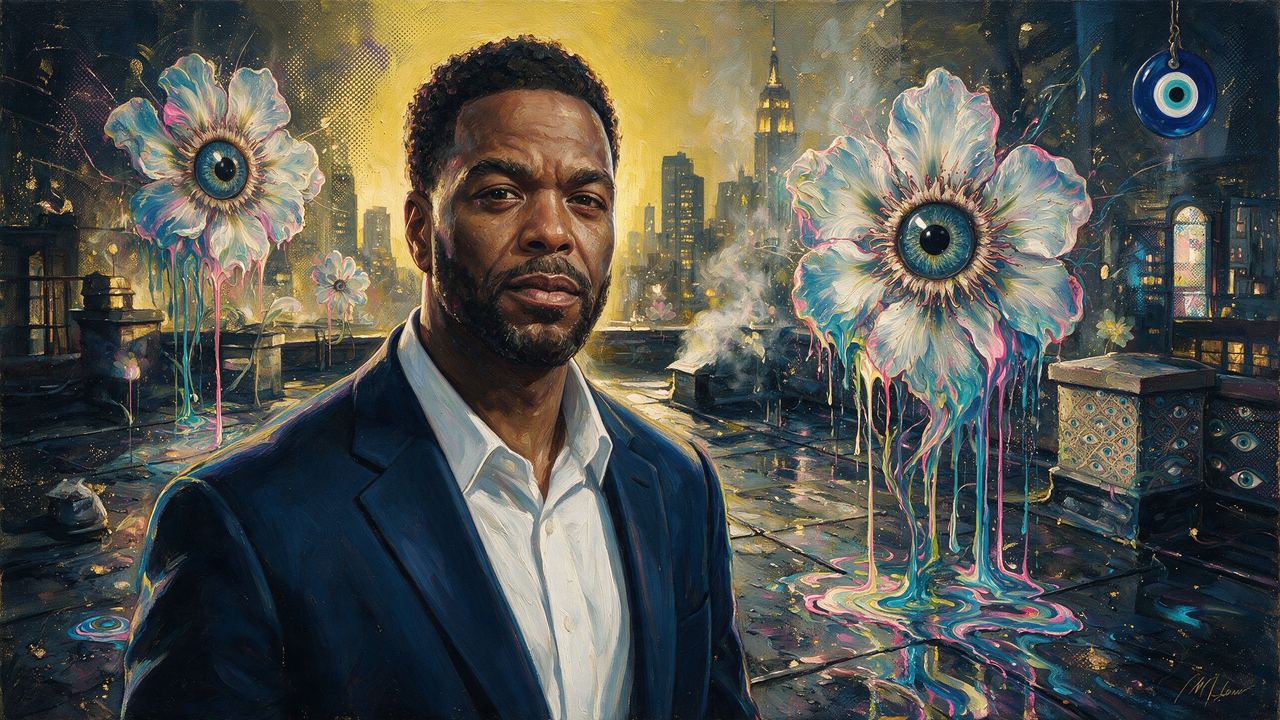 Method Man, portrait painted by MLow: Yellow Sky Rooftop