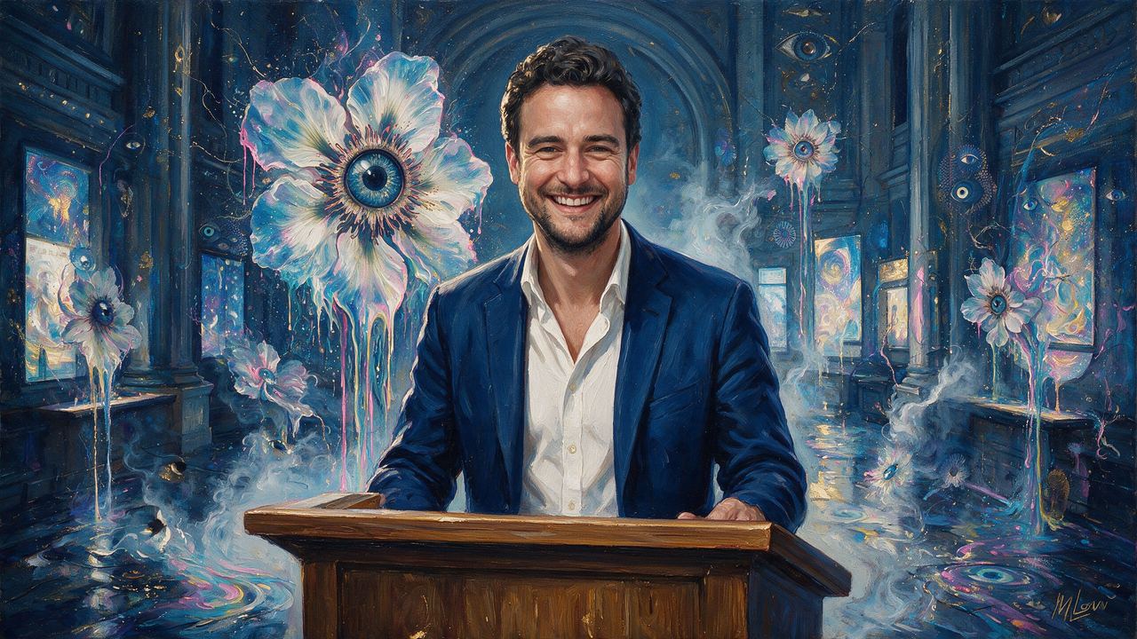 Michael Bouhanna, portrait painted by MLow: At the Rostrum
