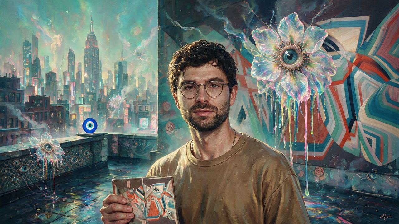 Michael Kozlowski, portrait painted by MLow: Facets Over Midtown