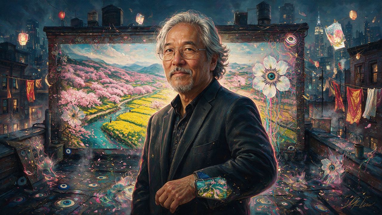 Michael Yamashita, portrait painted by MLow: Lanterns and Blossoms