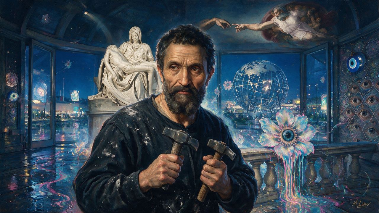 Michelangelo, portrait painted by MLow: The Pieta Comes to Queens