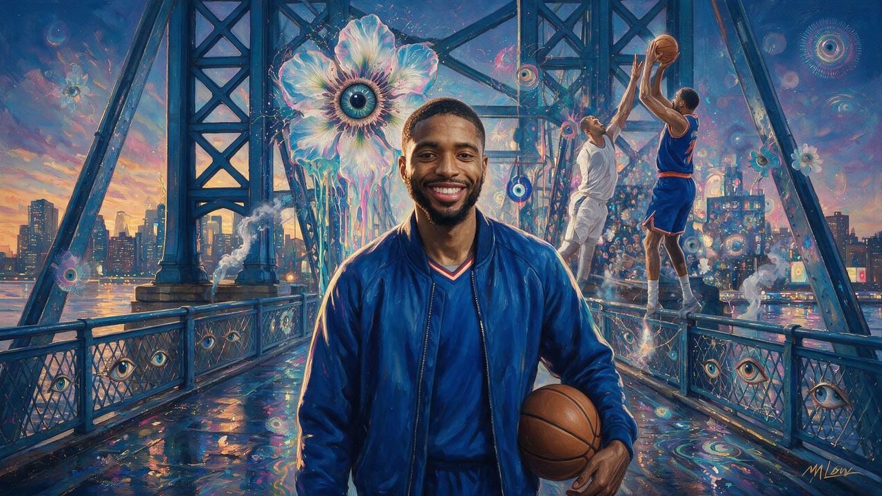 Mikal Bridges, portrait painted by MLow: Crossing the Manhattan Bridge