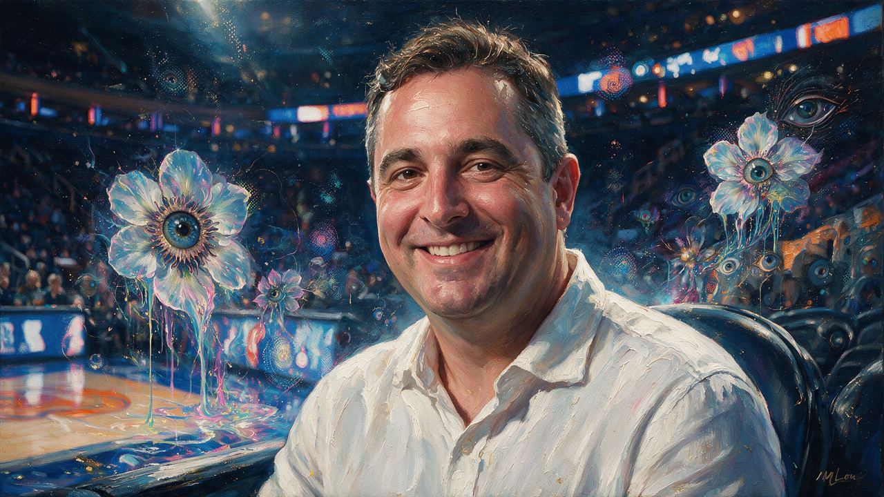 Mike Dudas, portrait painted by MLow: Courtside at the Garden