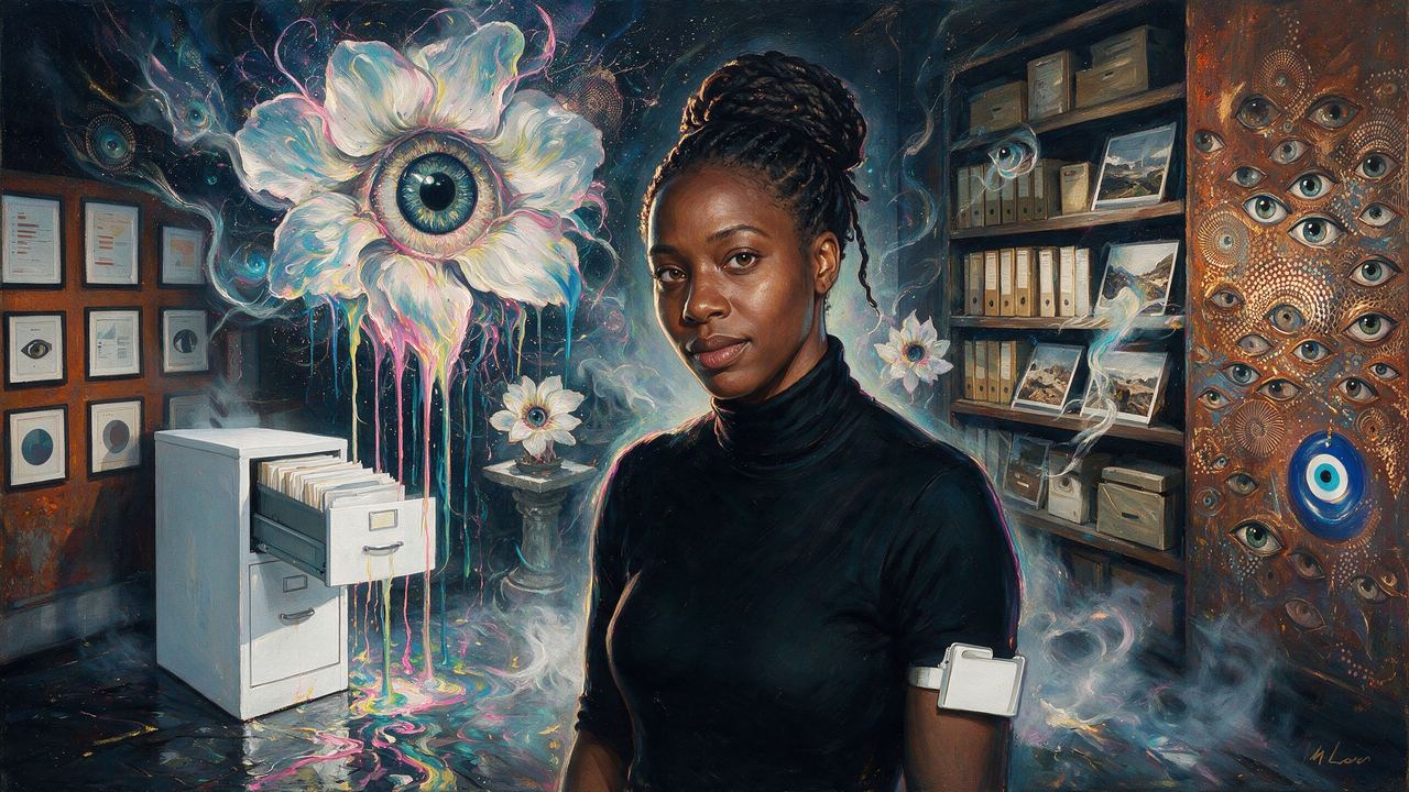 Mimi Onuoha, portrait painted by MLow: The Open Drawer
