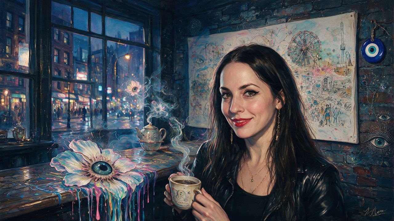 Molly Crabapple, portrait painted by MLow: Ink by the Window