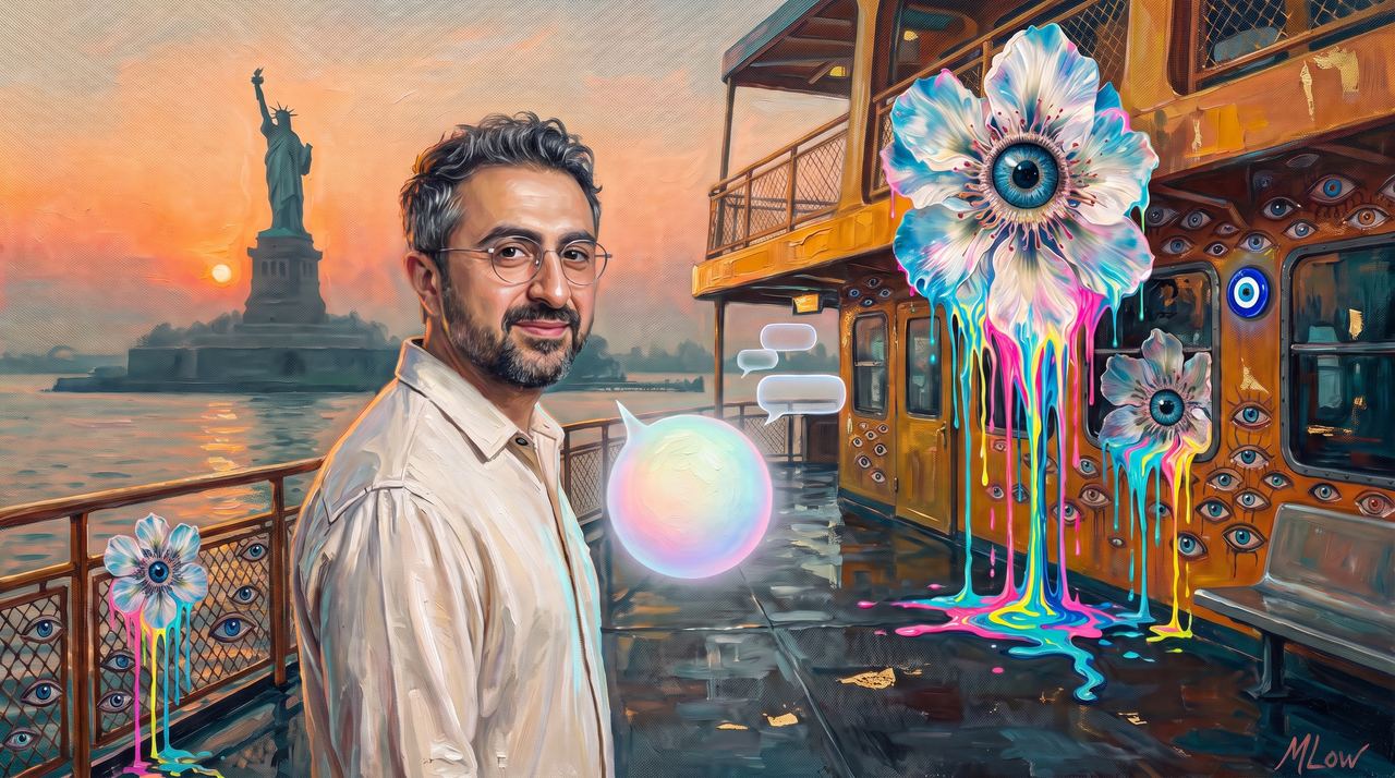 Mustafa Suleyman, portrait painted by MLow: A Companion on the Ferry