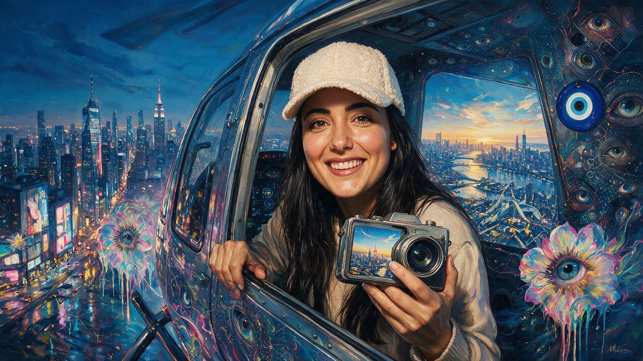 Natalie Amrossi, portrait painted by MLow: Out the Helicopter Door