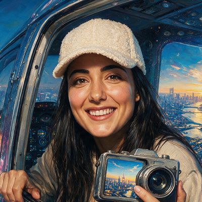Natalie Amrossi, portrait painted by MLow: Out the Helicopter Door