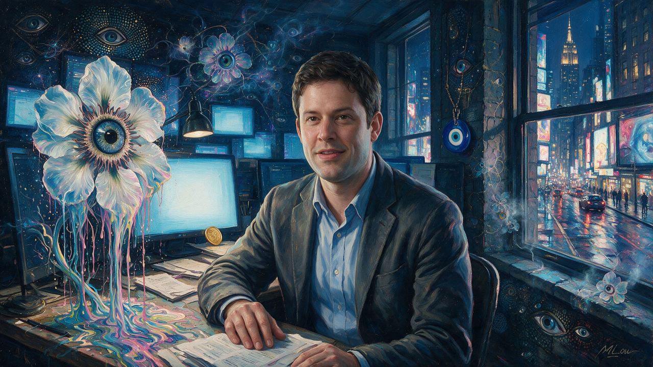 Nathaniel Popper, portrait painted by MLow: Late Edition on Eighth Avenue
