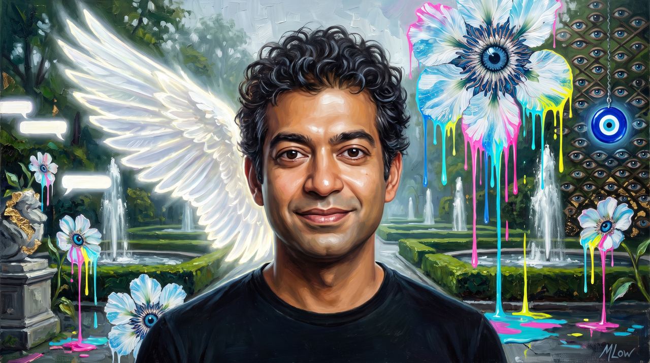 Naval Ravikant, portrait painted by MLow: An Angel in the Conservatory Garden