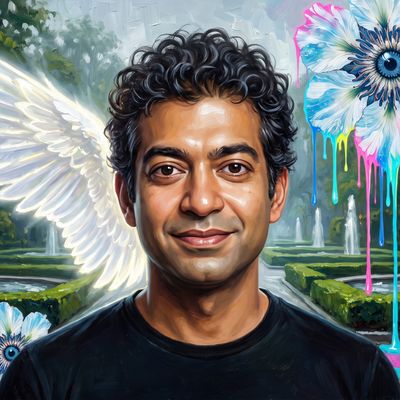 Naval Ravikant, portrait painted by MLow: An Angel in the Conservatory Garden