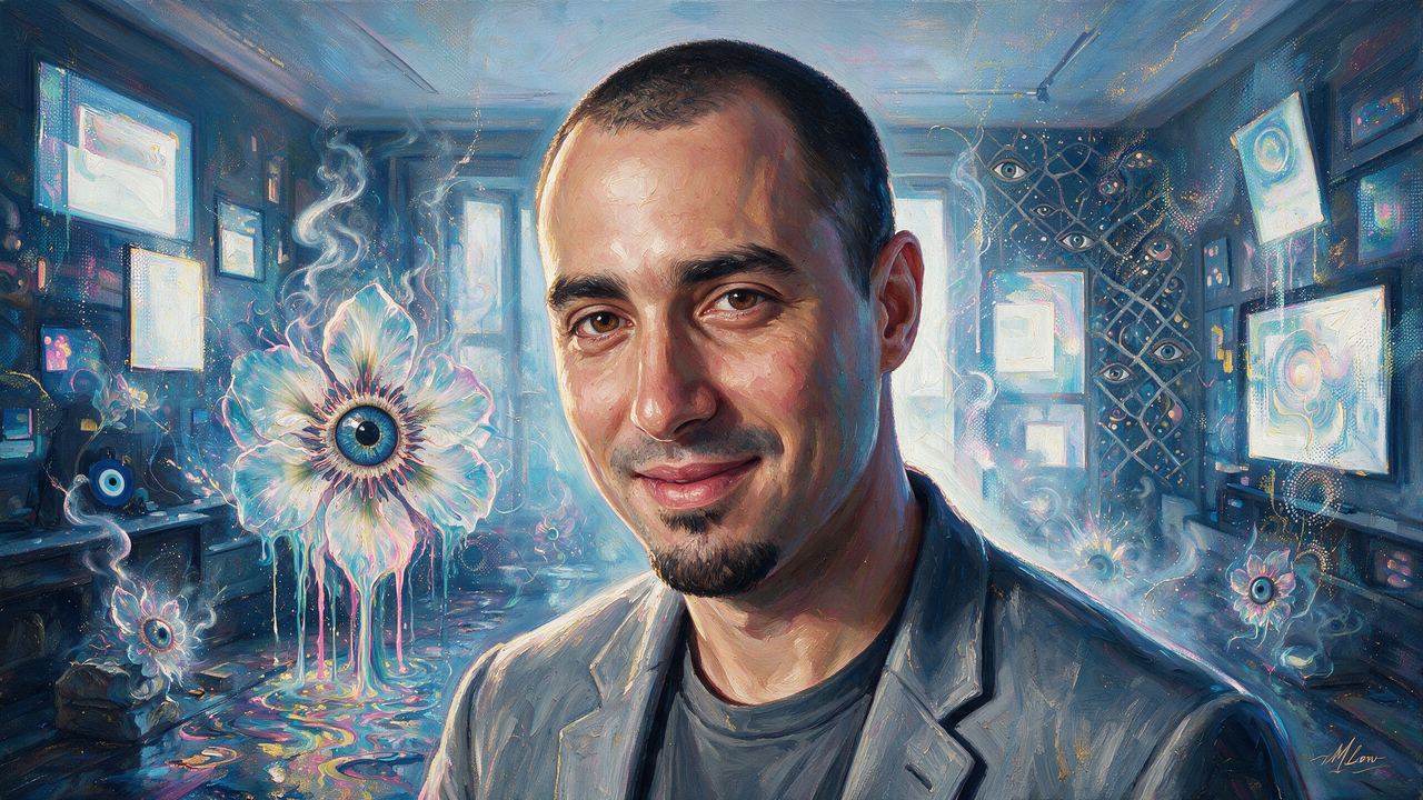 Nick Grossman, portrait painted by MLow: Room of Glowing Frames