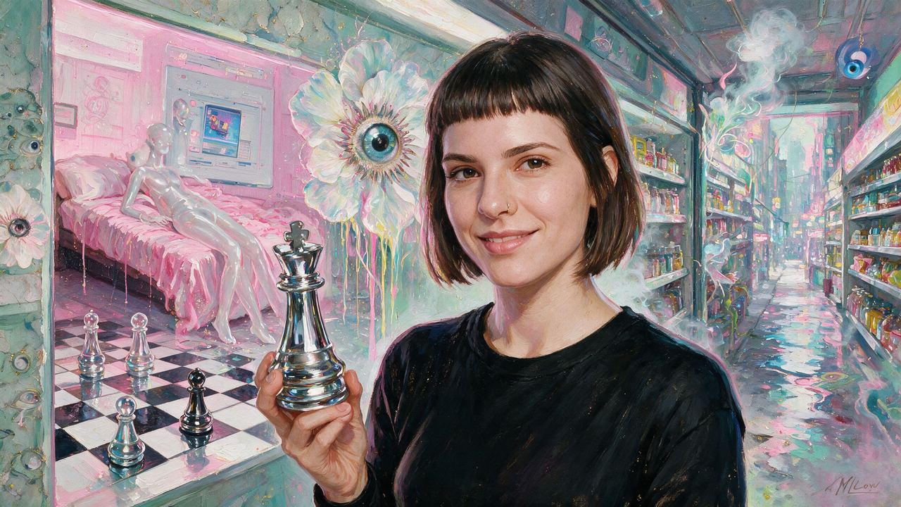 Nicole Ruggiero, portrait painted by MLow: Chrome King, Pink Bedroom
