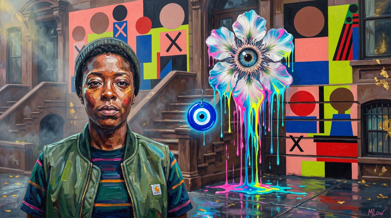 Nina Chanel Abney, portrait painted by MLow: Stoop in Primary Colours