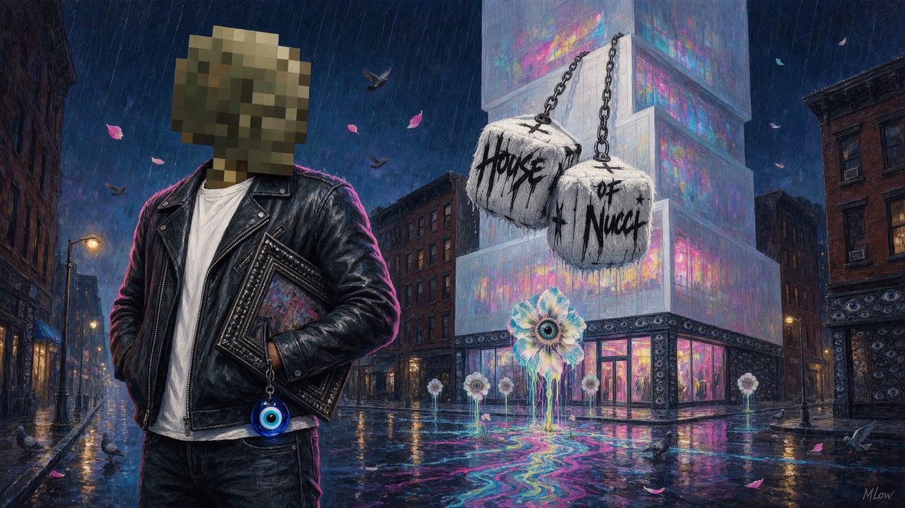 nucci, portrait by MLow: Fuzzy Dice Over the Bowery