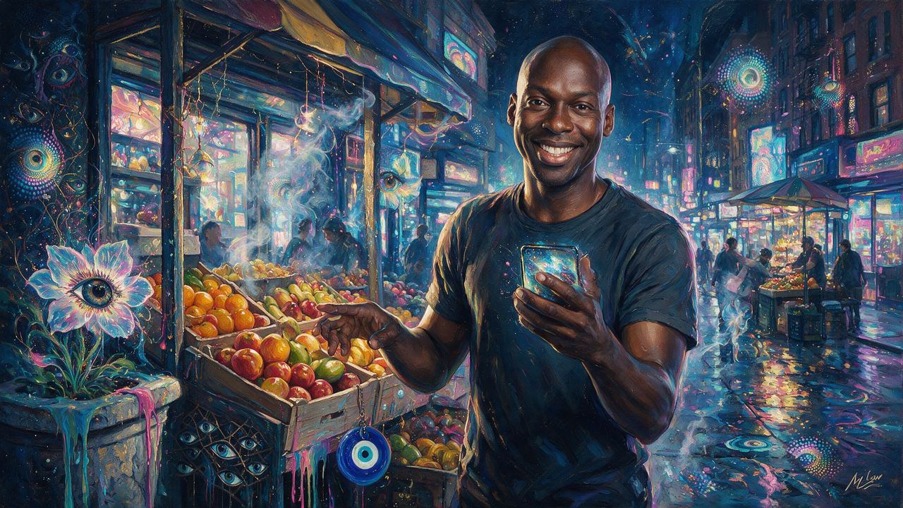 Obi Nwosu, portrait painted by MLow: Market Day on 125th Street
