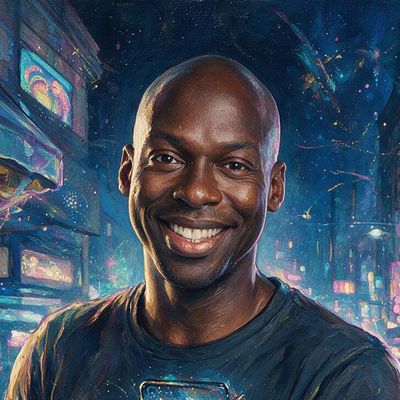 Obi Nwosu, portrait painted by MLow: Market Day on 125th Street