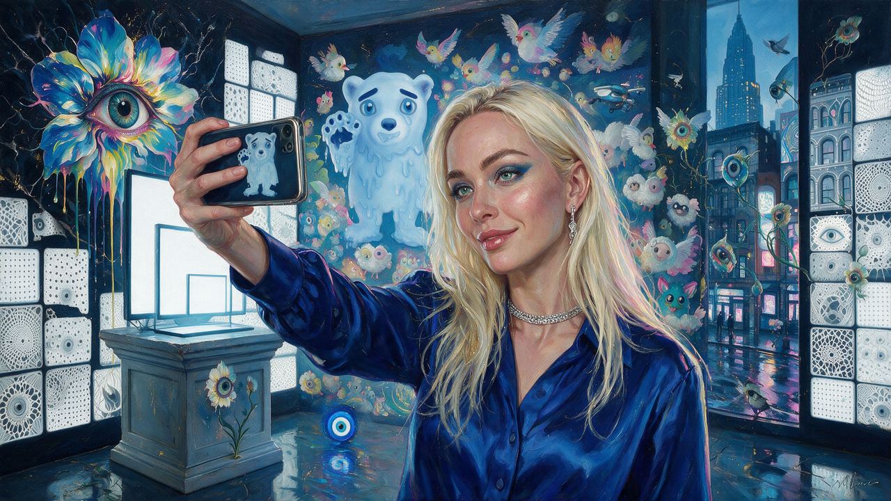 Olive Allen, portrait painted by MLow: Selfie with the Blue Bear
