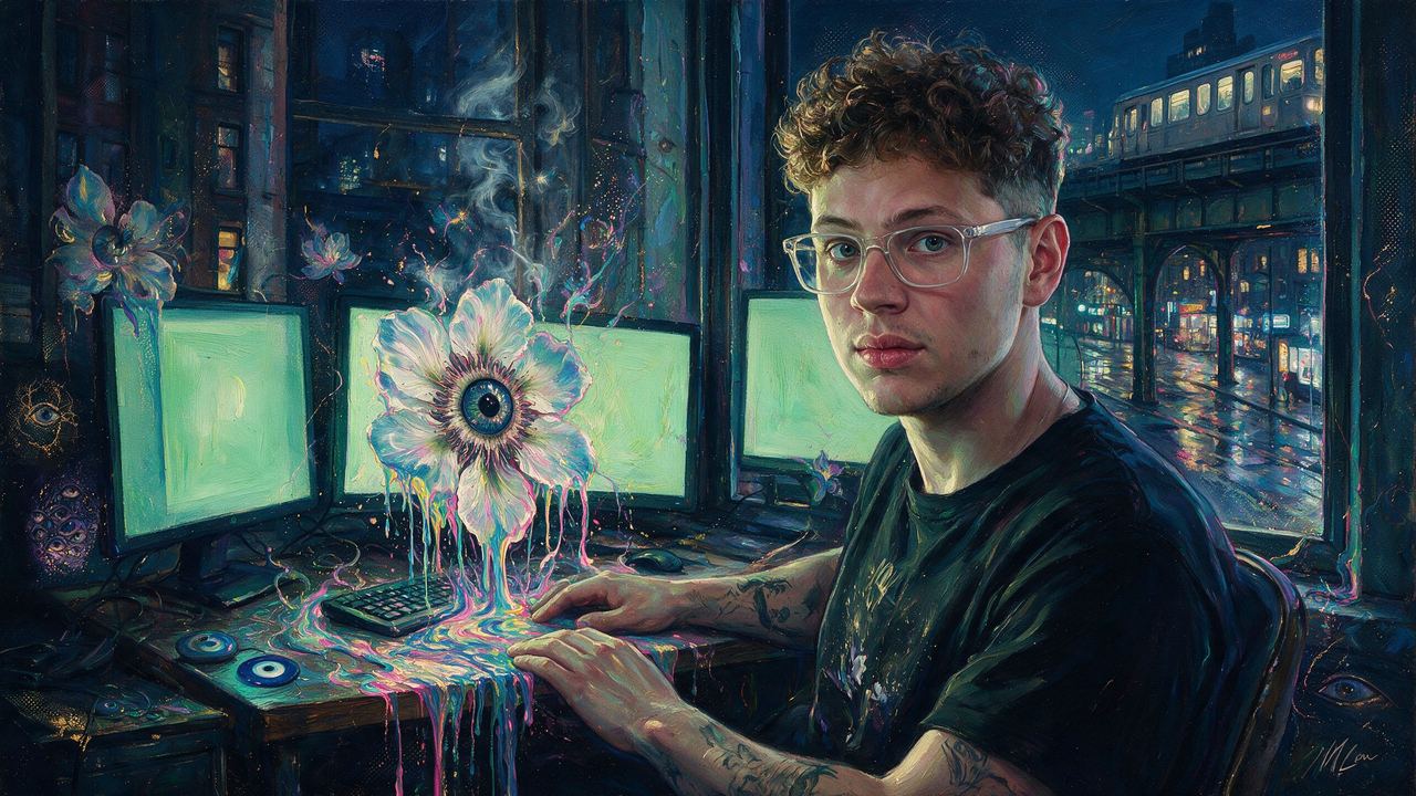 Orangie, portrait painted by MLow: Three Monitors Over Williamsburg