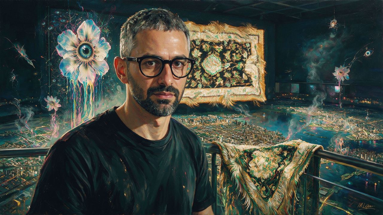 Orkhan Mammadov, portrait painted by MLow: Carpets Over the Panorama