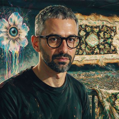 Orkhan Mammadov, portrait painted by MLow: Carpets Over the Panorama
