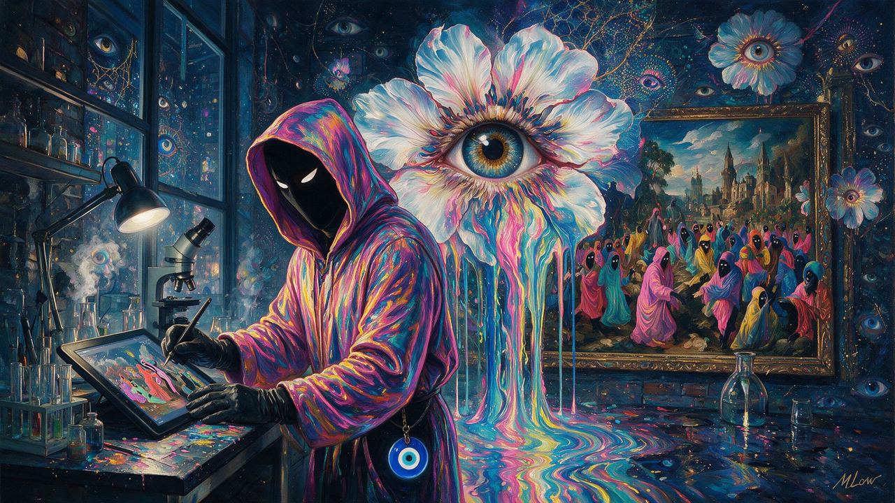 Other World, portrait painted by MLow: Hooded at the Tablet