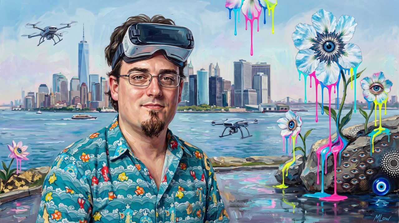 Palmer Luckey, portrait painted by MLow: Headset on Governors Island