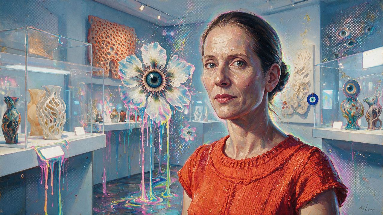 Paola Antonelli, portrait painted by MLow: Red Sweater, Glass Cases