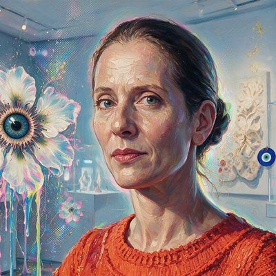 Paola Antonelli, portrait painted by MLow: Red Sweater, Glass Cases
