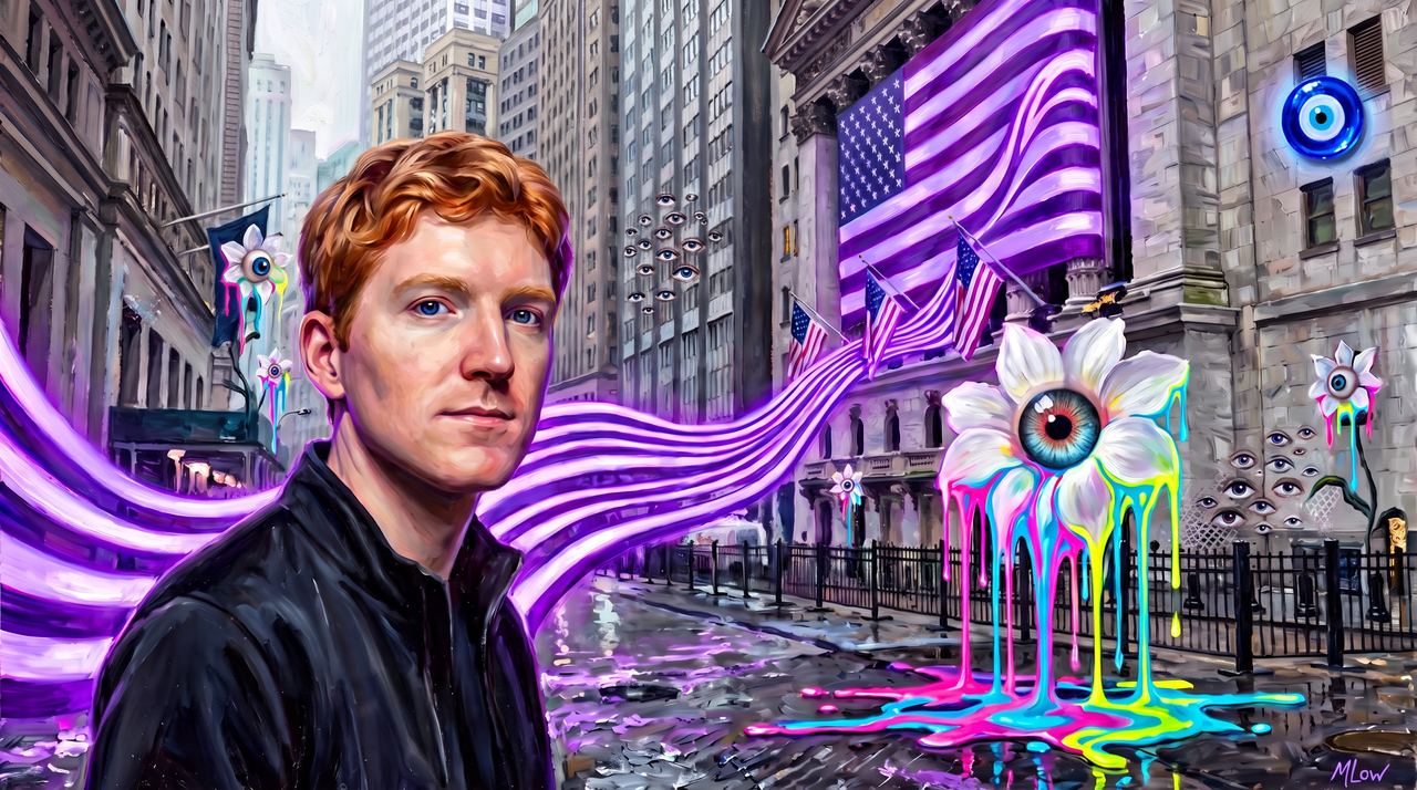 Patrick Collison, portrait painted by MLow: Violet Stripes on Broad Street