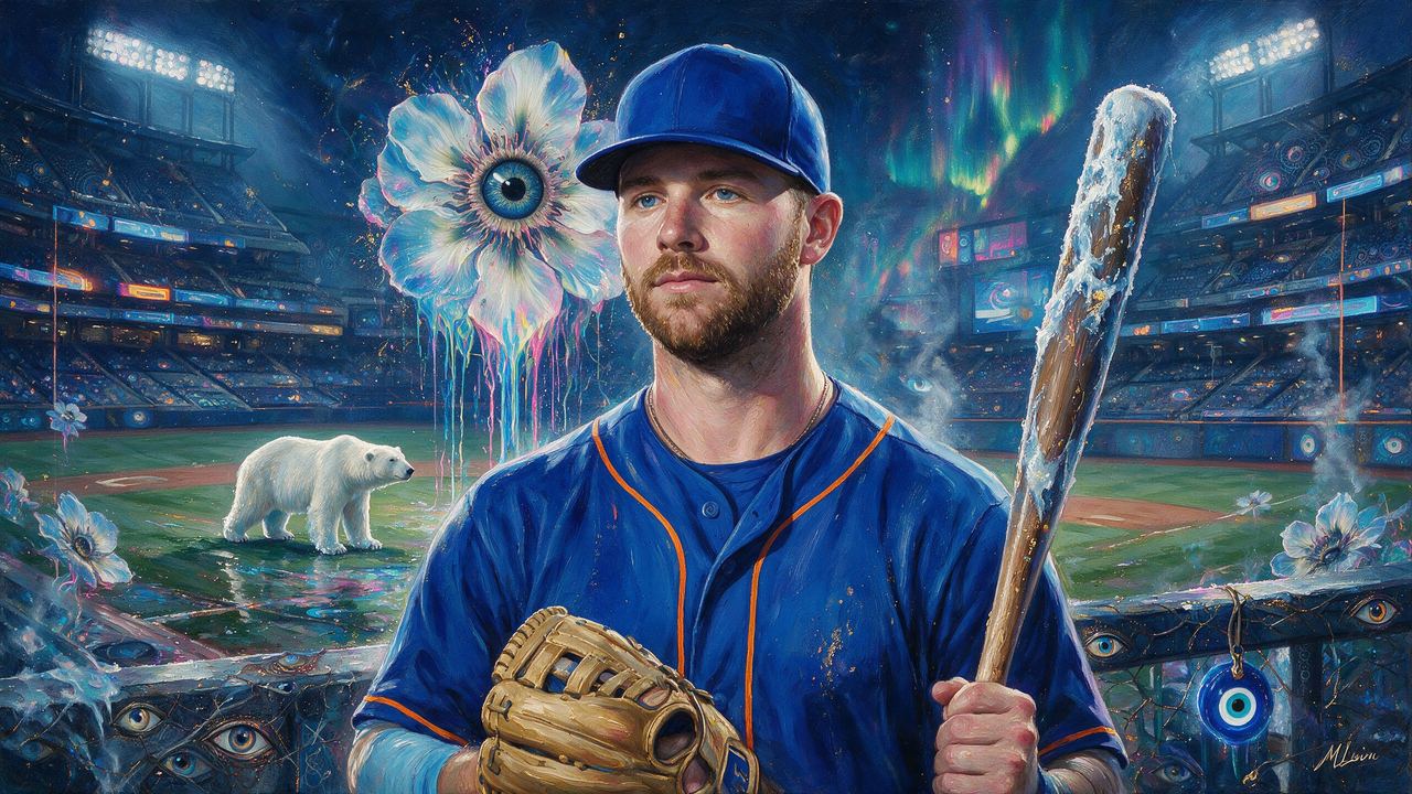 Pete Alonso, portrait painted by MLow: Polar Bear in the Outfield