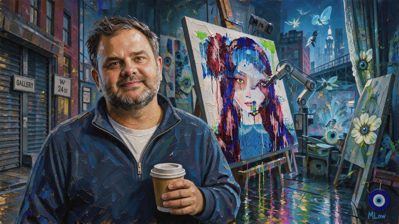Pindar Van Arman, portrait painted by MLow: The Robot Paints on West 24th