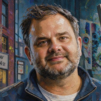 Pindar Van Arman, portrait painted by MLow: The Robot Paints on West 24th