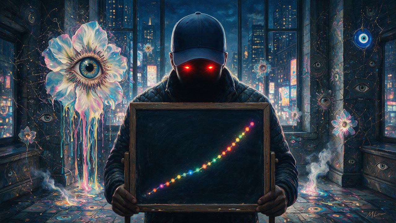 PlanB, portrait painted by MLow: Rainbow Dots on the Slate
