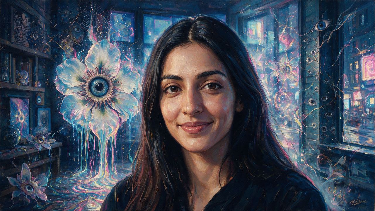 Priyanka Desai, portrait painted by MLow: Shelves of Small Things