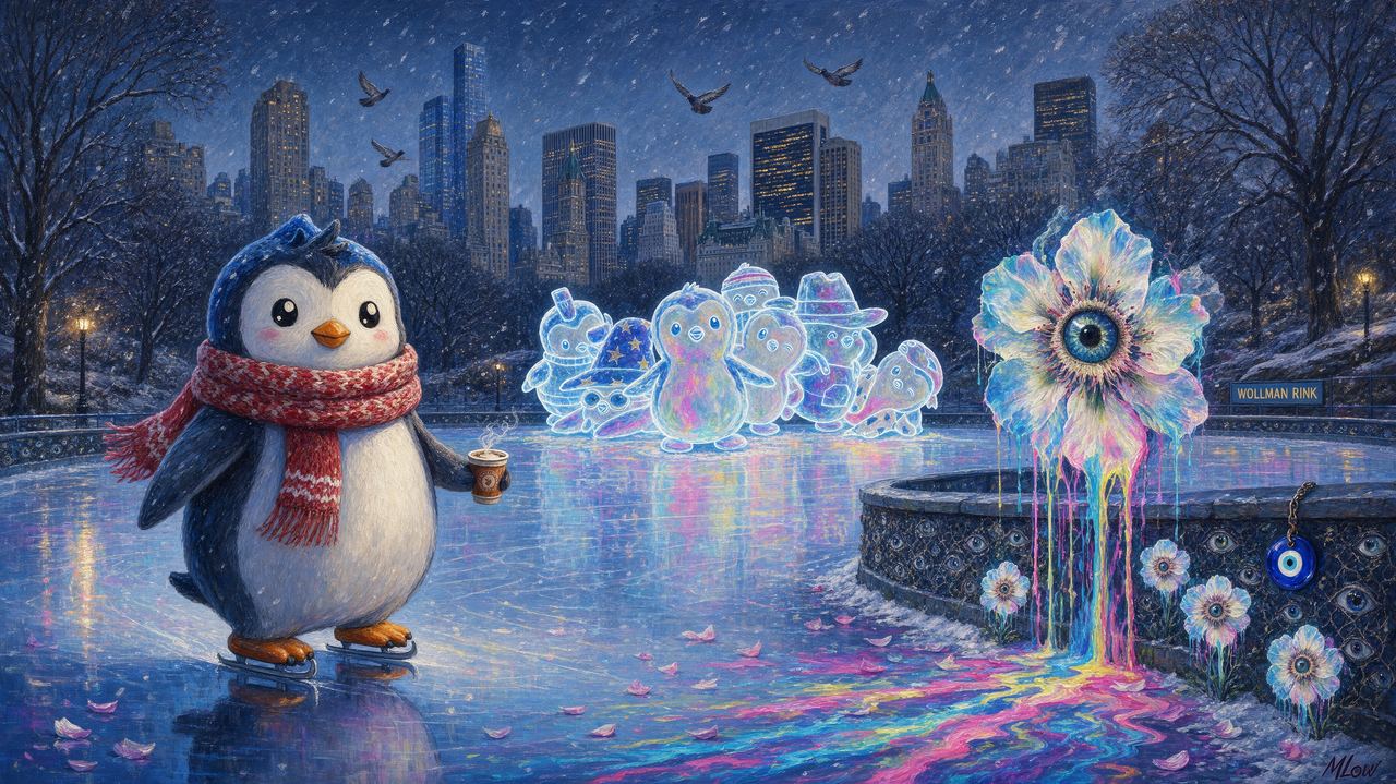 Pudgy Penguins, portrait by MLow: Skating at Wollman Rink