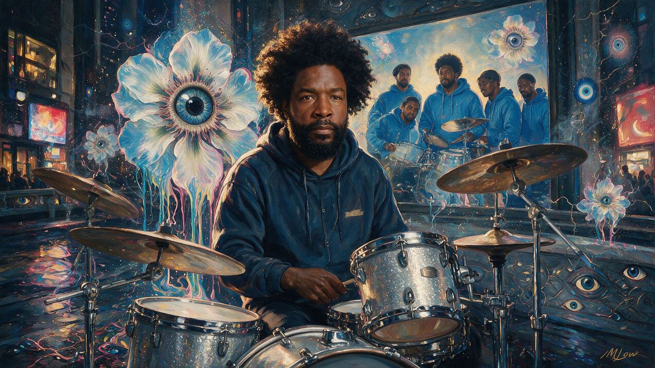 Questlove, portrait painted by MLow: Behind the Kit