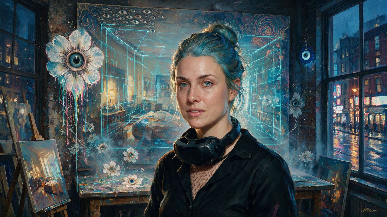 Rachel Rossin, portrait painted by MLow: Bedroom Into Wireframe