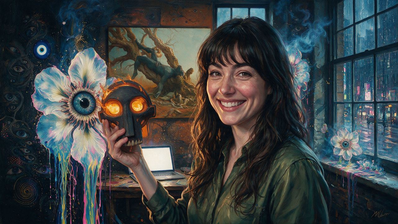 Rachel Spratt, portrait painted by MLow: Release Night
