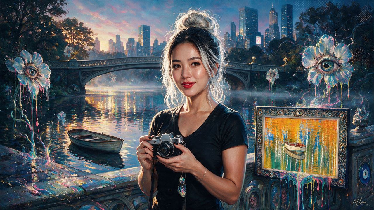 Rachel Suzanne Tien Wood, portrait painted by MLow: Bow Bridge at Dawn